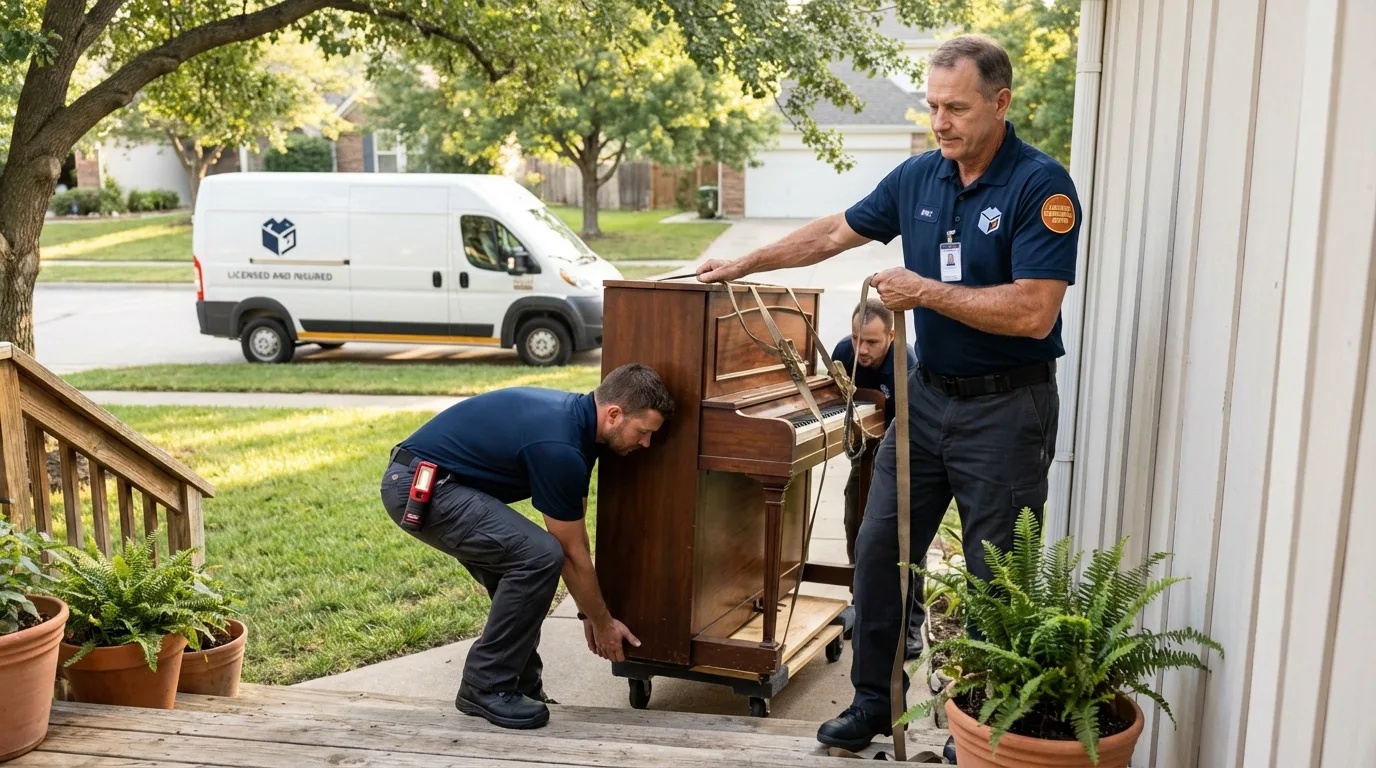 Licensed piano movers securing grand piano in Hammonton, NJ