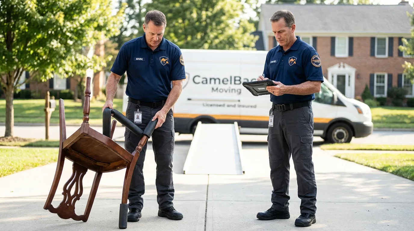 Movers inspecting furniture for damage prevention before loading in Hammonton, NJ