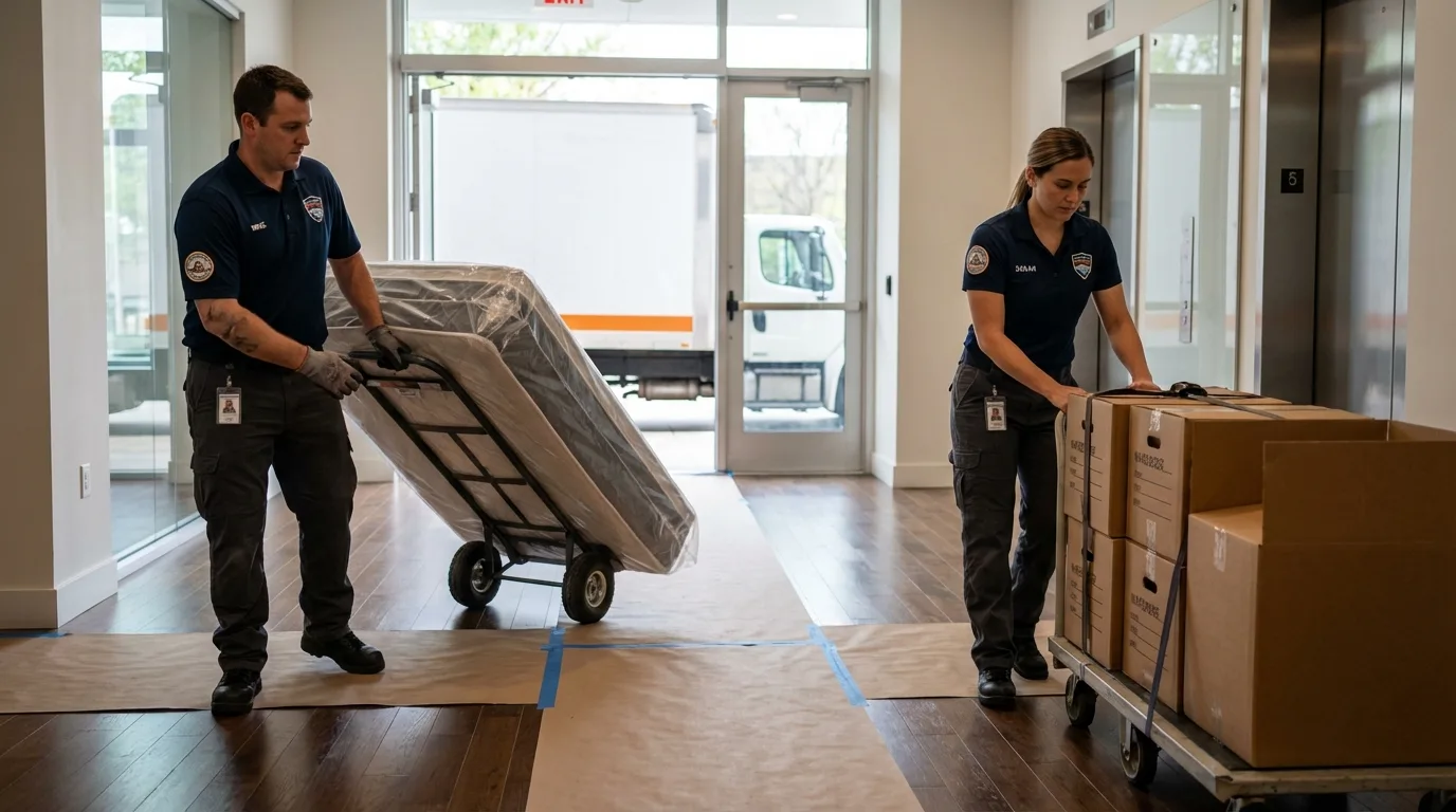 Professional apartment movers loading elevator in Hammonton, NJ